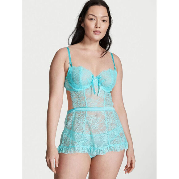 Victoria's Secret 36C/36D L BABYDOLL apron SET M Panty AQUA BLUE lace open-back - Picture 3 of 3